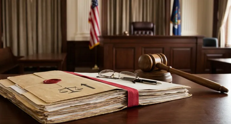 Close-up of legal documents, a gavel, and glasses on a wooden courtroom table.