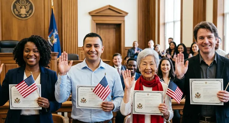 Diverse group holding certificates and small American flags, raising right hands in courtroom.