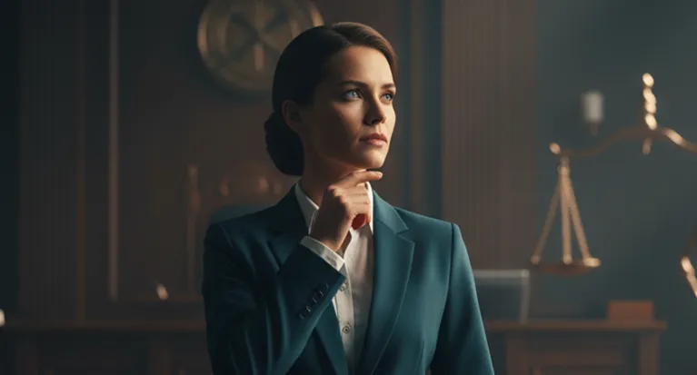 Professional woman in teal suit with thoughtful expression in courtroom setting.