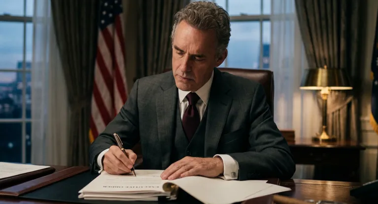 Man in dark suit seated at wooden desk, writing on documents with American flag in background.