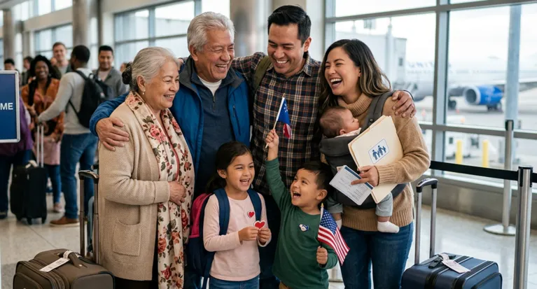 Multigenerational family smiling and embracing at airport terminal with luggage and small flags.