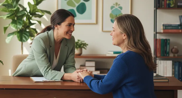 Two women engaged in a supportive conversation, holding hands across a wooden desk.