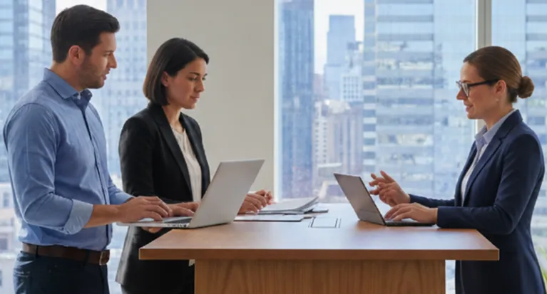 Three professionals using laptops standing around a wooden table in a modern office.